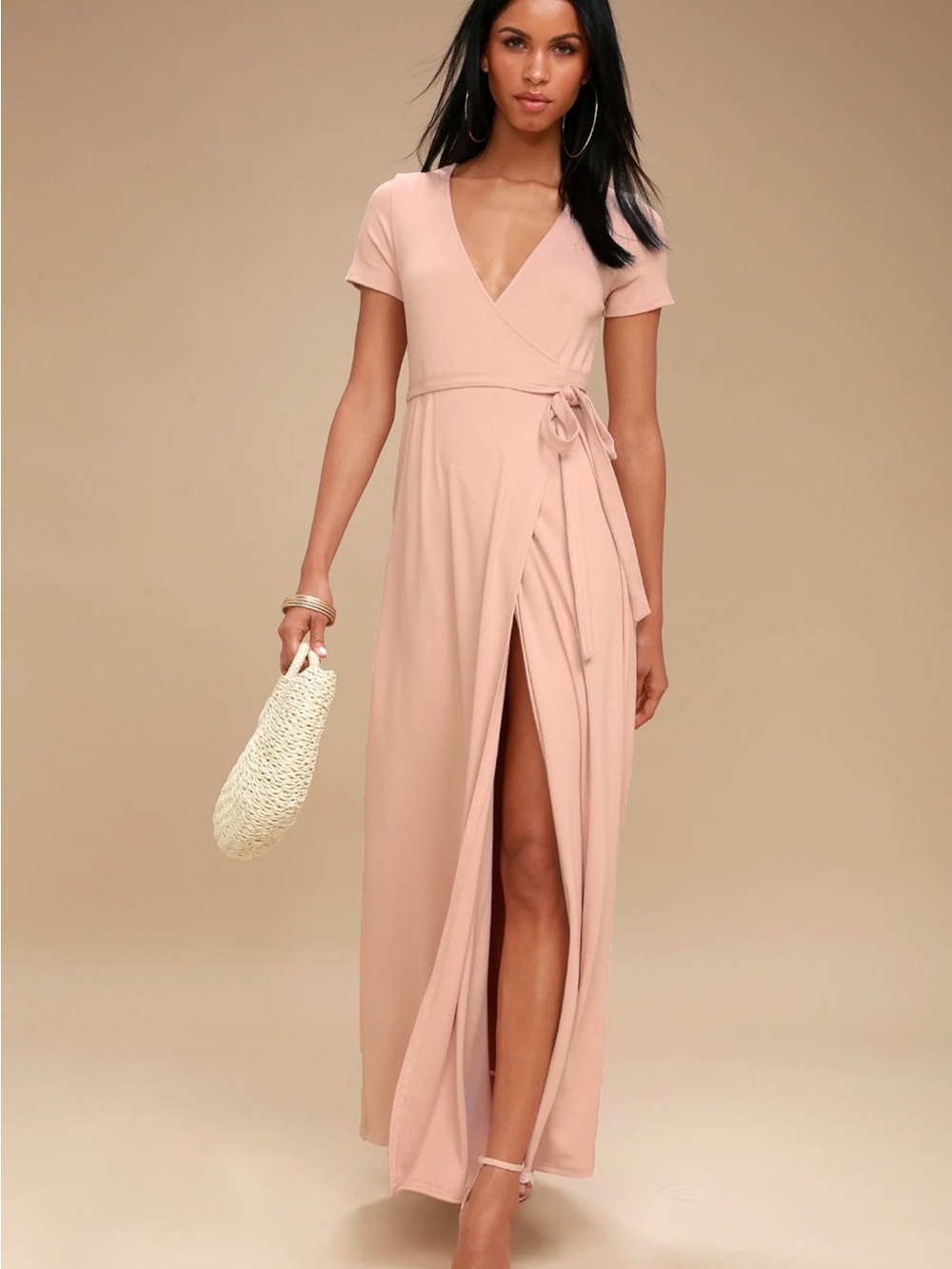 Lulu's Blush Pink Wrap Maxi Dress with High Thigh Slit